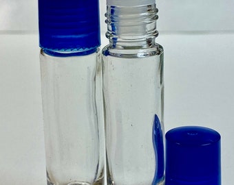 144 Pcs, 10ml (1/3 oz) CLEAR PLAIN Rollon Bottle With Plastic Roller & Plastic Blue Caps