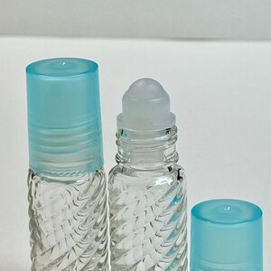 72 Pcs, 5ml (1/6 oz) SWIRL Rollon Glass Bottle With Plastic Roller with Plastic LIGHT BLUE Caps