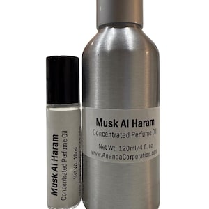 May include: Two silver-colored perfume bottles. The larger bottle has a gray cap and a label that reads "Musk Al Haram Concentrated Perfume Oil Net Wt. 120ml/4 fl. oz." The smaller bottle has a black cap and reads "Musk Al Haram Concentrated Perfume Oil Net Wt. 10ml."