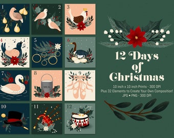 12 Days of Christmas Art Prints: Rustic Holiday PNG Clipart (Digital Download)