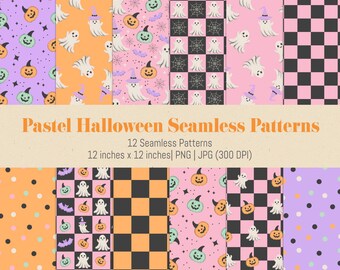 Pastel Halloween Seamless Patterns, Ghosts, Pumpkins (PNG + JPG)