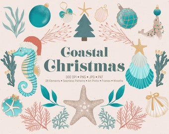 Può includere: Un set di 28 illustrazioni natalizie costiere con una varietà di elementi marini, tra cui un cavalluccio marino con un cappello di Babbo Natale, una stella marina, conchiglie e un albero di Natale decorato con una stella marina. Le illustrazioni sono in stile acquerello e hanno una gamma di colori blu chiaro, verde e rosa. Il testo "Coastal Christmas" è scritto in un carattere in grassetto e decorativo.