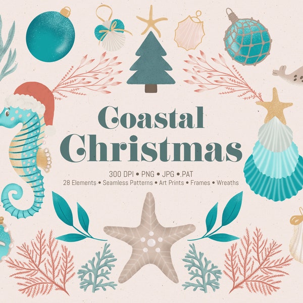 Plage Noël Clipart - PNG, Noël en juillet, Illustrations de Noël côtières, océan Noël Clipart