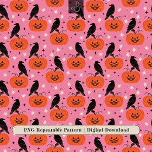 May include: A seamless digital pattern featuring orange jack-o'-lanterns with black carved faces, each topped with a black crow, set against a pink background with small white four-pointed stars. The text PNG Repeatable Pattern | Digital Download appears.