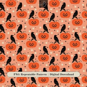 May include: A repeating digital pattern on a peach background featuring orange jack-o'-lanterns with black carved faces, black crows perched on top, and small white stars and black crosses. The text PNG Repeatable Pattern | Digital Download is visible.