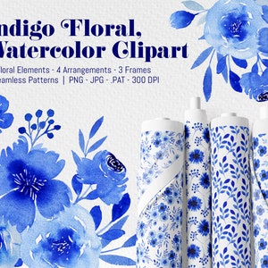 Indigo Watercolor Floral Clipart: PNG, JPEG Patterns