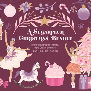 May include: A digital illustration set featuring over 60 nutcracker-themed Christmas elements. The set includes a pink and gold Christmas tree, a ballerina, a nutcracker, a rocking horse, a cupcake, candy canes, and snowflakes. The illustrations are hand-drawn and perfect for creating festive crafts and designs.