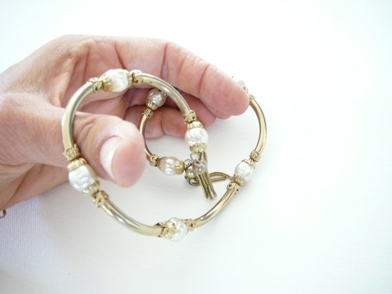 Vintage Gold Tone Pearl Coil Tassel Bracelet  - 1… - image 2