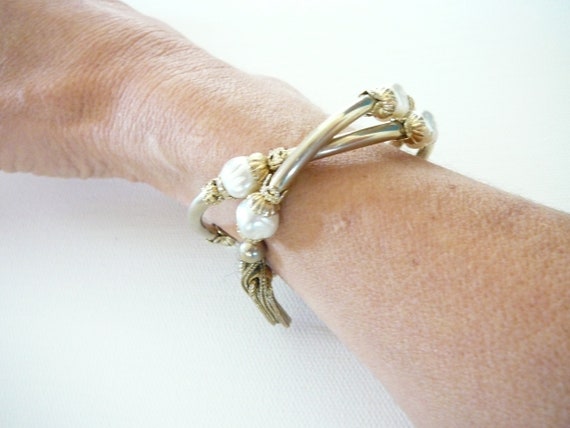 Vintage Gold Tone Pearl Coil Tassel Bracelet  - 1… - image 4