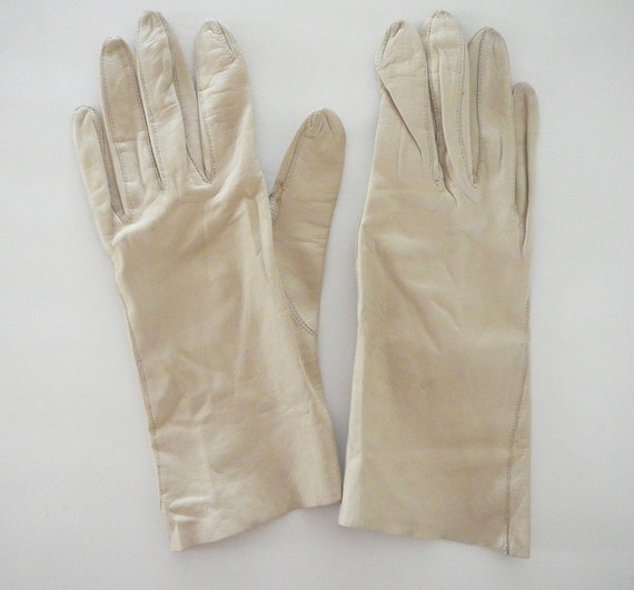 Gants Vintage Femme En Cuir Souple Beige - Taille 6 1/2 - Made In France
