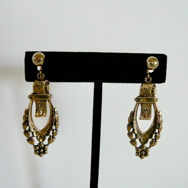 Vintage Victorian Revival Style Dangle Earrings, Clip-On, Signed- 1960s