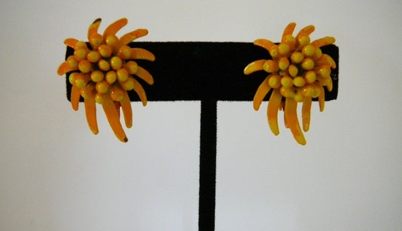 Vintage Flower Enamel Bright Orange/Yellow Clip O… - image 1