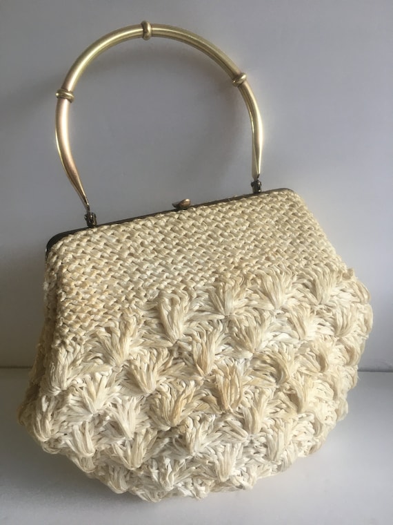 Vintage Ivory Crocheted Lace Raffia Handbag (Seen… - image 1