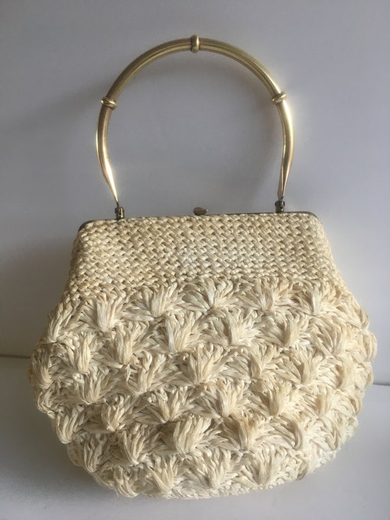 Vintage Ivory Crocheted Lace Raffia Handbag (Seen… - image 2