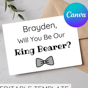 Você será nosso portador de anel MODELO EDITÁVEL Cartão para impressão em Canva - Adicionar nome, proposta de portador de anel, casamento, sobrinho, menino, festa de casamento,