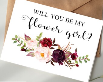 Will You Be My Flower Girl Card DIGITAL DOWNLOAD Printable - Burgundy Floral - Flower Girl Proposal Card, gift, niece, cousin, girl
