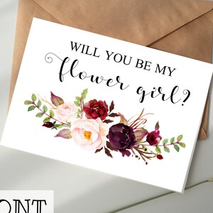 Willst du mein Blumenmädchen sein Karte DIGITAL DOWNLOAD Printable - Burgundy Floral - Blumenmädchen Vorschlag Karte, Geschenk, Nichte, Cousin, Mädchen