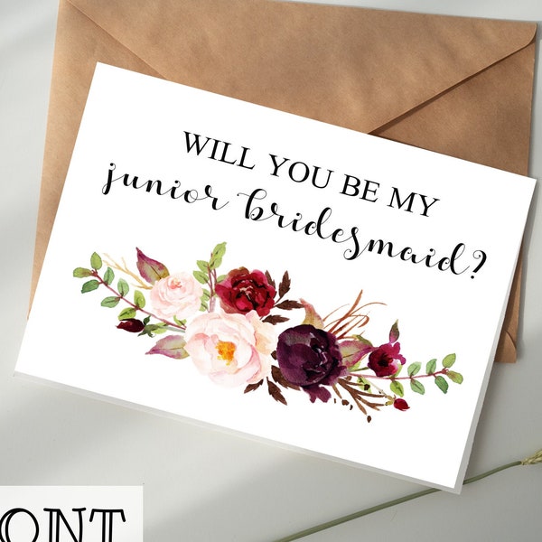Will You Be My Junior Bridesmaid Card DIGITAL DOWNLOAD Printable - Burgundy Floral - Junior Bridesmaid Proposal Card, gift, note, niece
