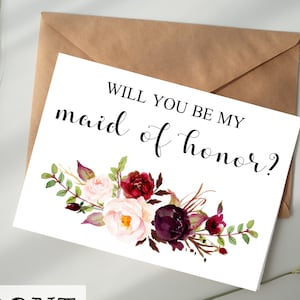 Carte Serez-vous ma demoiselle d'honneur TÉLÉCHARGEMENT NUMÉRIQUE - Floral bourgogne, proposition de demoiselle d'honneur, serez-vous ma, cadeau, note, matrone