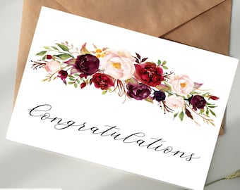 Congratulations Card DIGITAL DOWNLOAD Printable - Burgundy Floral - Bridal Shower, Engagement, Congratulations, Bride, Bride to Be, Fiance