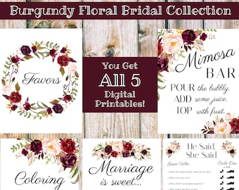 Burgundy Floral Bridal Collection - DIGITAL DOWNLOAD Printable - ALL 5! Wedding Sign, Favors, Bridal Shower, Blush, Rustic, Bride, Fun
