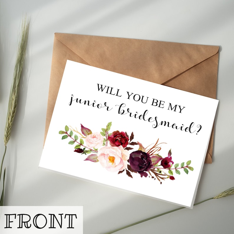 Junior Bridesmaid Proposal Card Will You Be My Junior Bridesmaid Card DIGITAL DOWNLOAD Printable Burgundy Floral