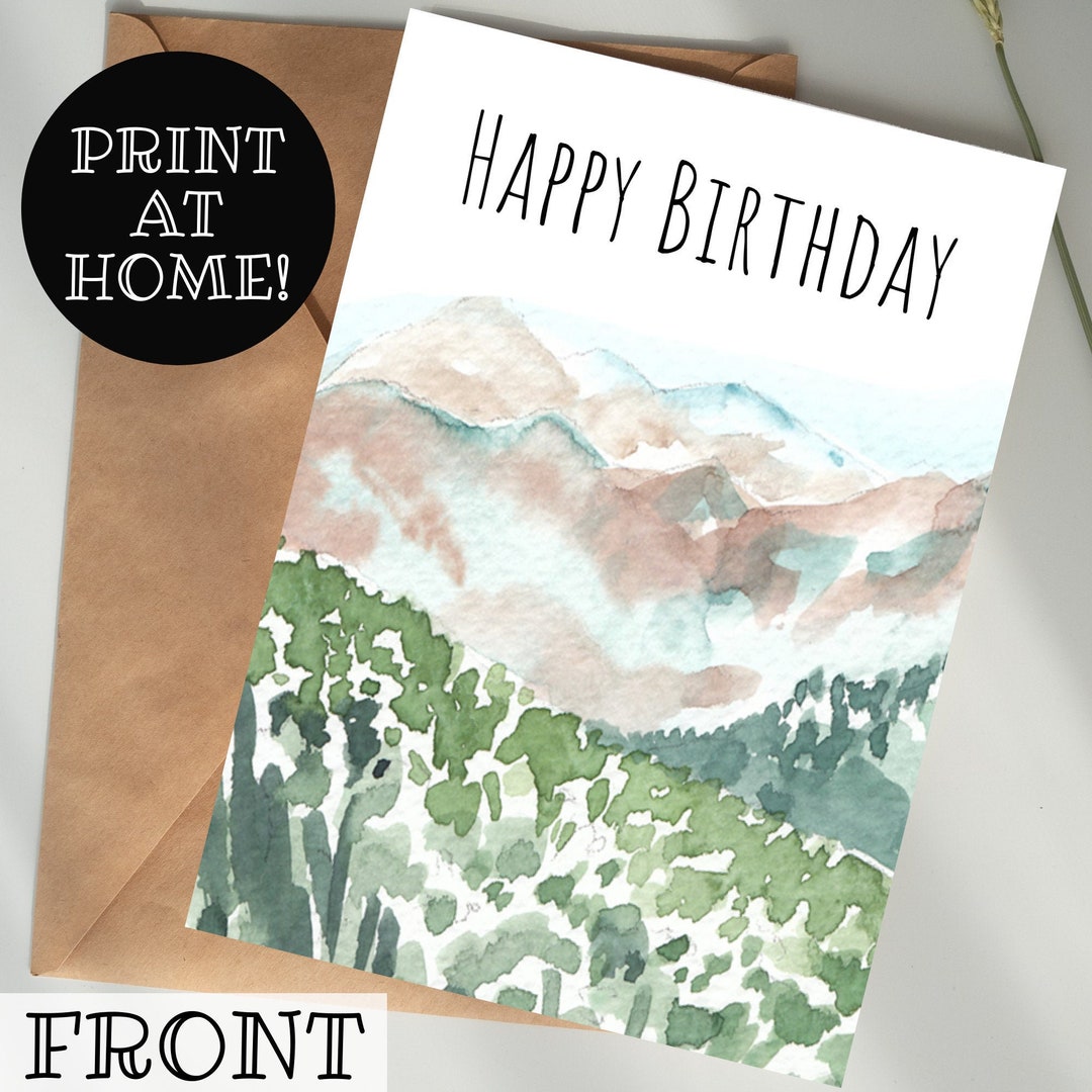 Happy Birthday Card | Printable, Watercolor Mountain - Etsy