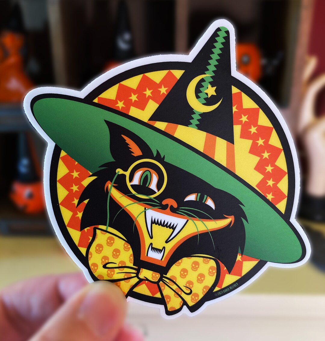 Retro Classic Halloween Black Cat in a Witch Hat Vinyl Sticker • FREE ...