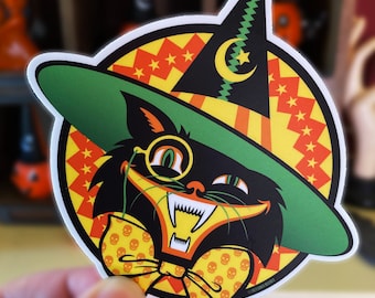 Retro Classic Halloween Black Cat in a Witch Hat Vinyl Sticker • FREE SHIPPING