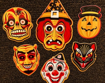 Retro Classic Halloween Mask Sticker Set of 6 • The Season Of The Witch Collection • FREE SHIPPING