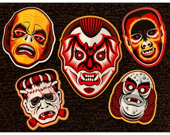 Retro Classic Halloween Mask Sticker Set of 5 • The Kinda Universal Monsters Collection • FREE SHIPPING