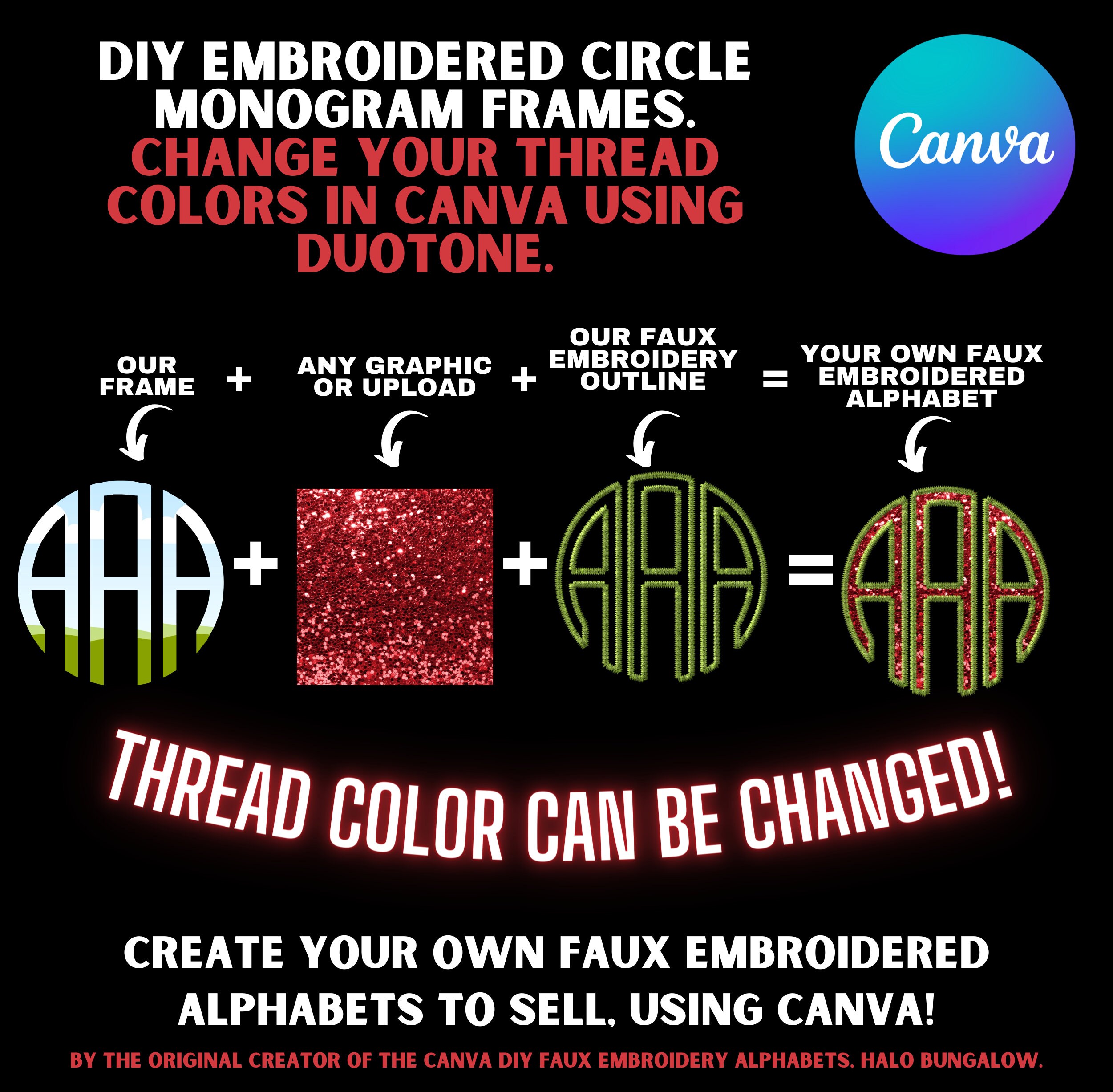 Canva Faux Embroidered Monogram Circle Letter Set, Faux Embroidery