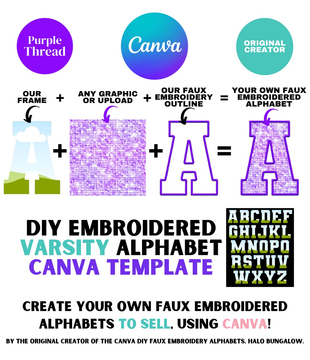 Faux Embroidered Alphabet Set for CANVA, Canva DIY Font, 1 Stitch Color