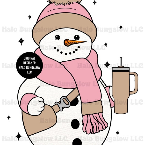 Snowman with Stanley Inspired Tumbler Christmas PNG Digital Download