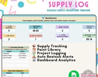 Google Spreadsheets-voorraadtracker | Spreadsheet verfinventarisatie | Opberger voor knutselbenodigdheden | Sjabloon voor kleine bedrijven