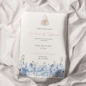 Nikah Wedding Custom Card, Nikkah Mubarak Card, Boho, Simple, Invitation, Personalized, Walima, Mehndi, Islamic Invite, Blue Floral