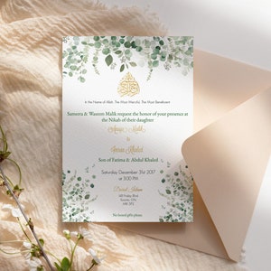 Hochzeitseinladung Nikah Karte. DIGITAL. Grüner Eukalyptus. Goldfolie. Angepasst.