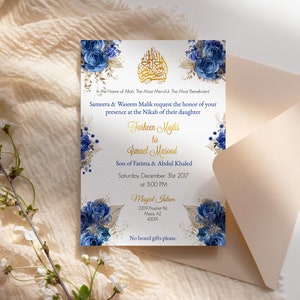Carte de mariage Nikkah. Fleurs bleu royal. Carte électronique. NUMÉRIQUE.