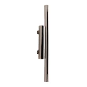 May include: A polished, silver-toned door pull with a modern design. The pull features a vertical bar and a shorter, horizontal cylindrical handle, both with a reflective finish. The hardware is mounted on a white background.