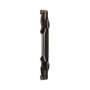 May include: A dark bronze door handle with a unique, abstract design. The handle has a smooth, polished finish.