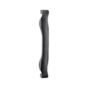May include: A black, curved furniture handle with a smooth, matte finish. The handle has a long, slender body with a slight hourglass shape and flared ends. It is designed for easy gripping and adds a modern touch to any cabinet or drawer.