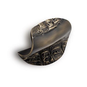 May include: A textured, antique brass cabinet knob with a curved, wave-like design.