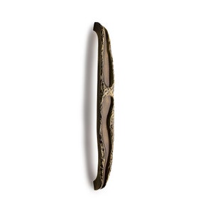 May include: A long, antique gold-toned cabinet pull with a textured, organic design.
