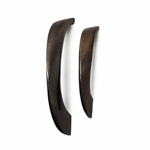 May include: Two dark brown, curved cabinet handles with a glossy finish. The handles have a smooth, ergonomic design and are set against a white background. The larger handle is approximately 10 inches long, and the smaller handle is about 6 inches long.