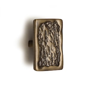 Könnte beinhalten: Ein rechteckiger Schrank-Knopf mit einer strukturierten, holzähnlichen Oberfläche. Der Knopf ist aus Metall und hat eine gebürstete Antik-Messing-Oberfläche.