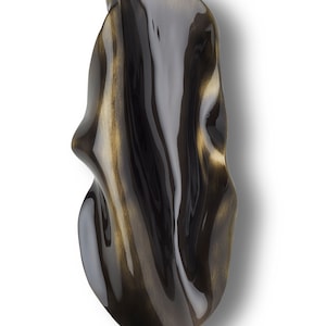 May include: A black and gold ceramic vase with a wavy, abstract design. The vase has a glossy finish and is shaped like a flowing, organic form.