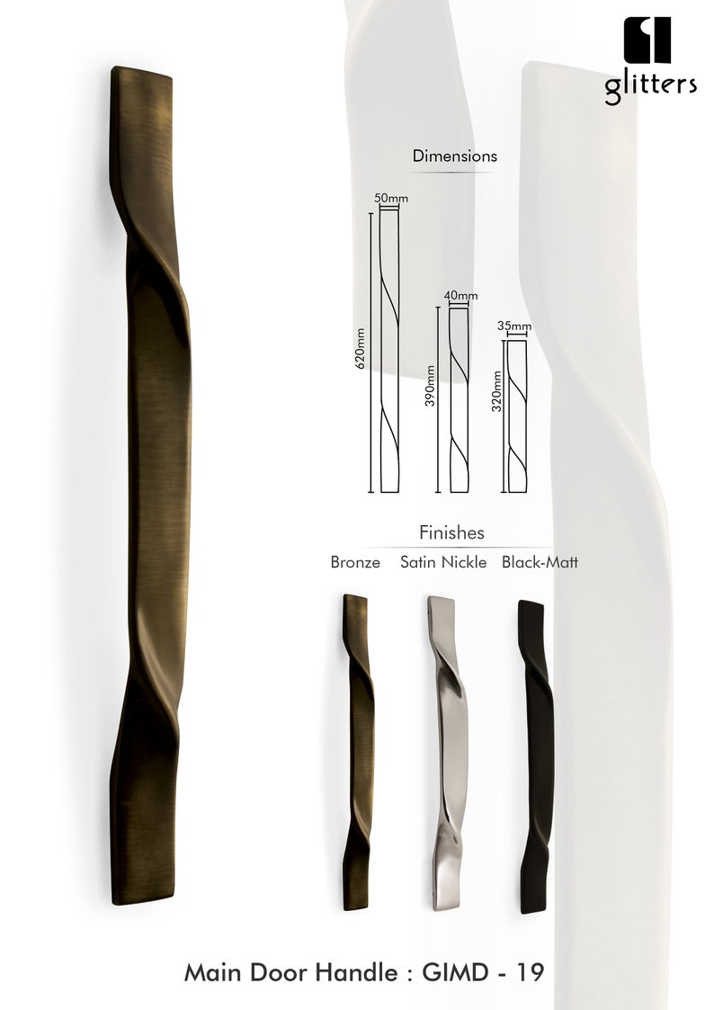 Op de afbeelding: Een gedraaide deurgreep in brons, satijn nikkel en zwart-mat. De greep is 620 mm lang en 50 mm breed. Hoofddeurgreep: GIMD - 19