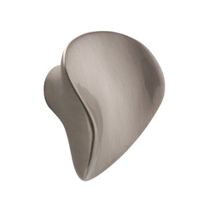 May include: A brushed nickel cabinet knob with a unique, curved, petal-like design.