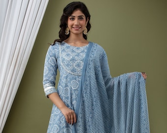 Blue Cotton Embroidered Anarkali Kurti Pant Dupatta Set for Women with Gota, Full Flared Indian Kurta Set for Woman, 3 Piece Readymade Set