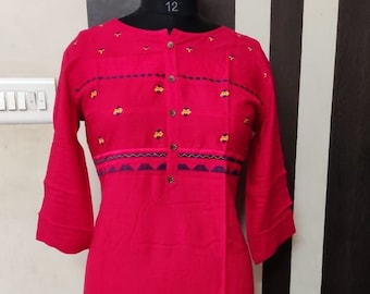 Red Cotton Embroidered Kurti for women Thigh Length Kurta Red Top Indian Dress Women